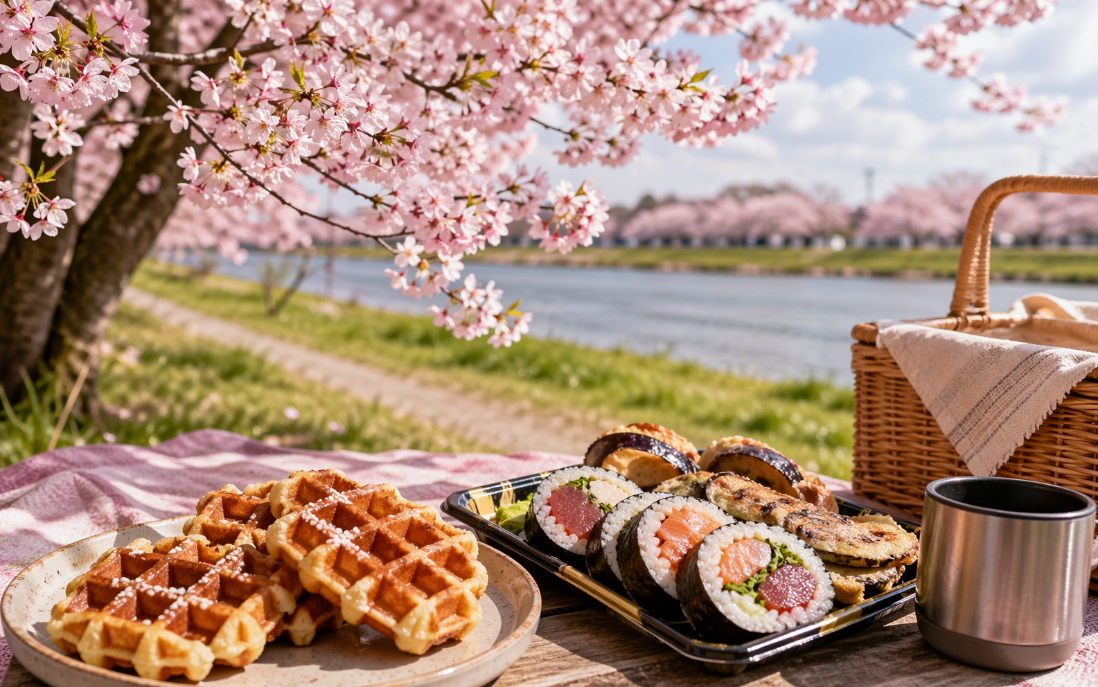ワッフルを焼いて、桜を見て、夜は焼きそば